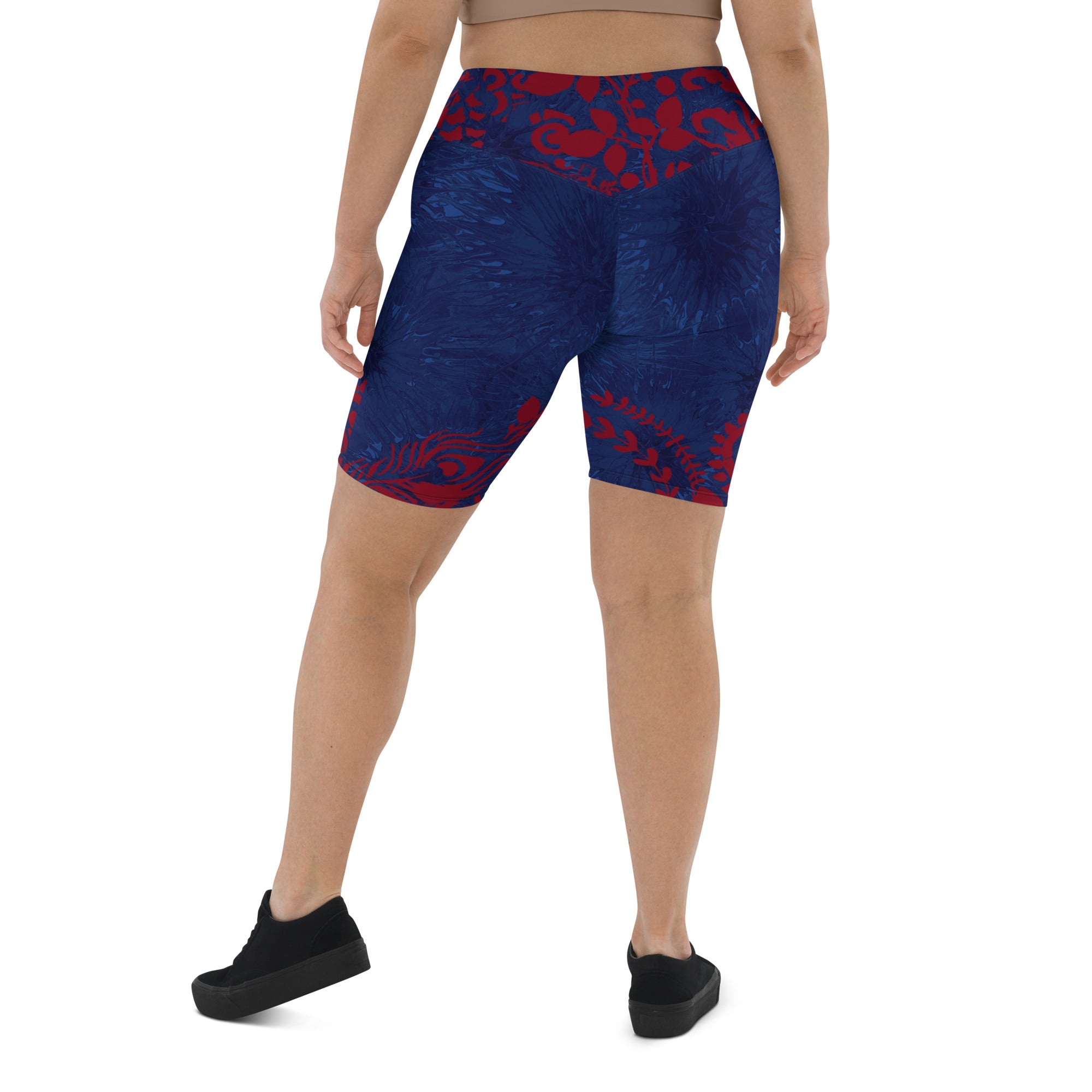"Navy Blue Splatter with Red Flowers" Biker Shorts