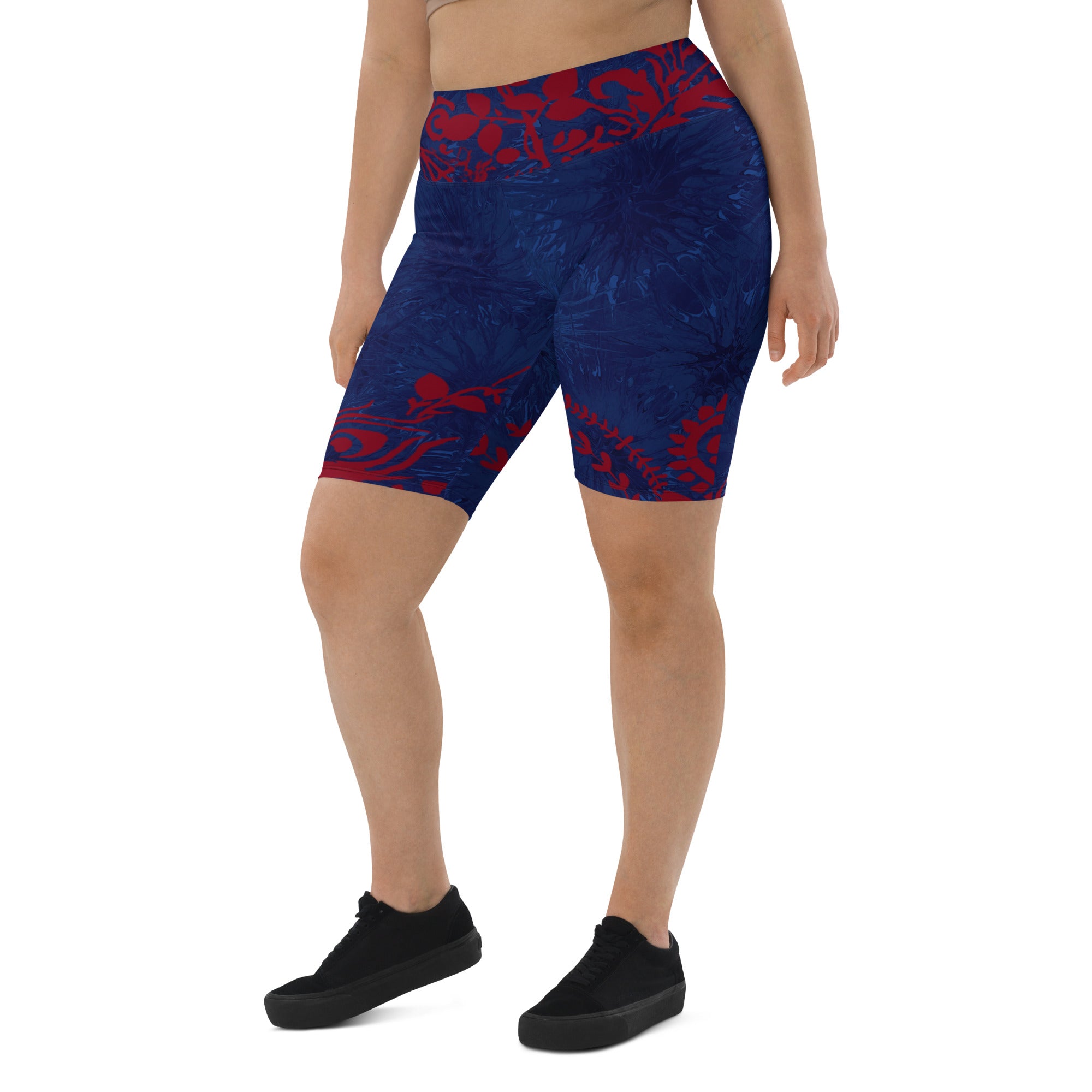 "Navy Blue Splatter with Red Flowers" Biker Shorts
