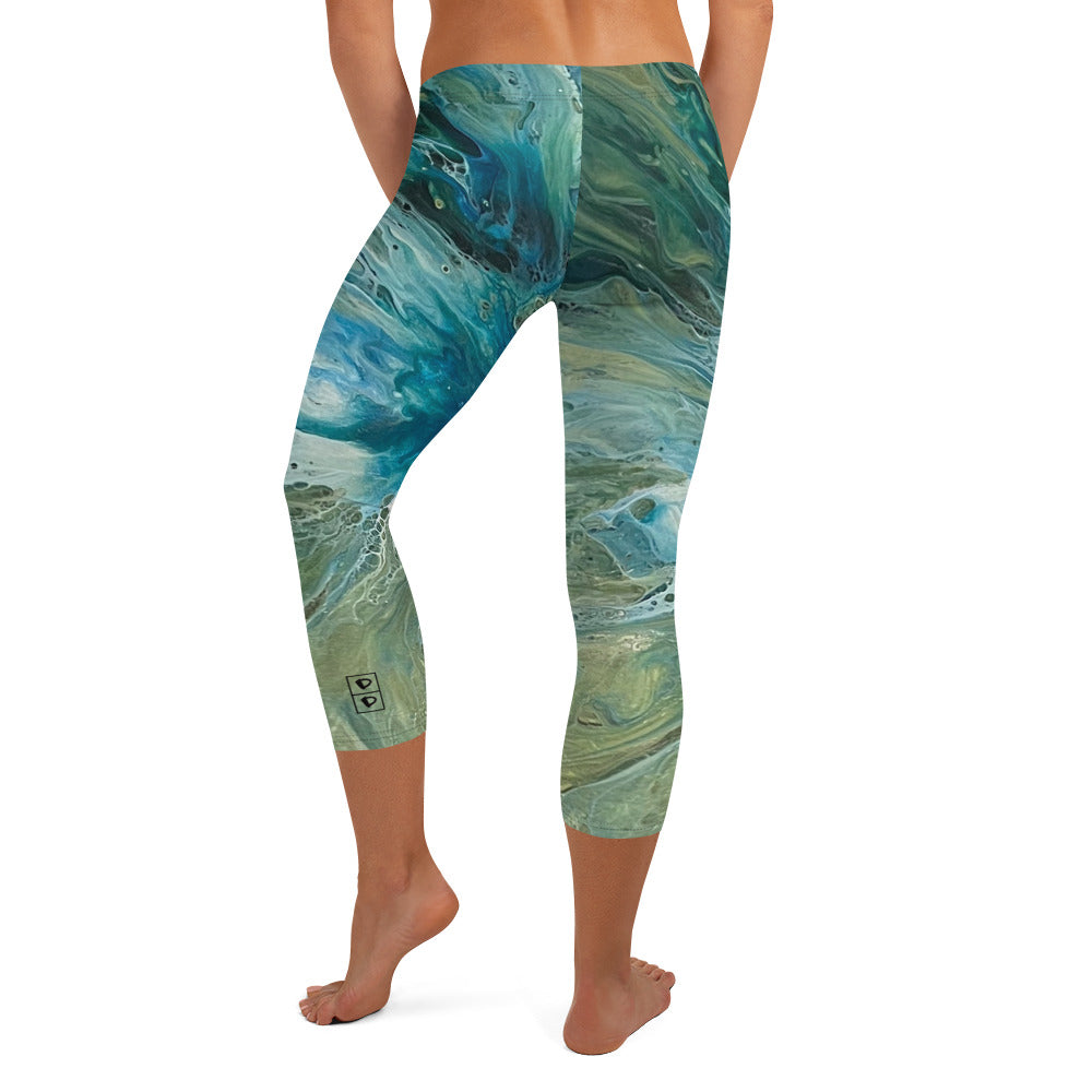 Fluid Green & Turquoise | Women's Fine Art Regular-Waist Capris