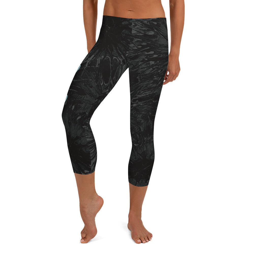 Black Splatter with Light Blue Hearts BBBS | Women's Fine Art Regular-Waist Capris