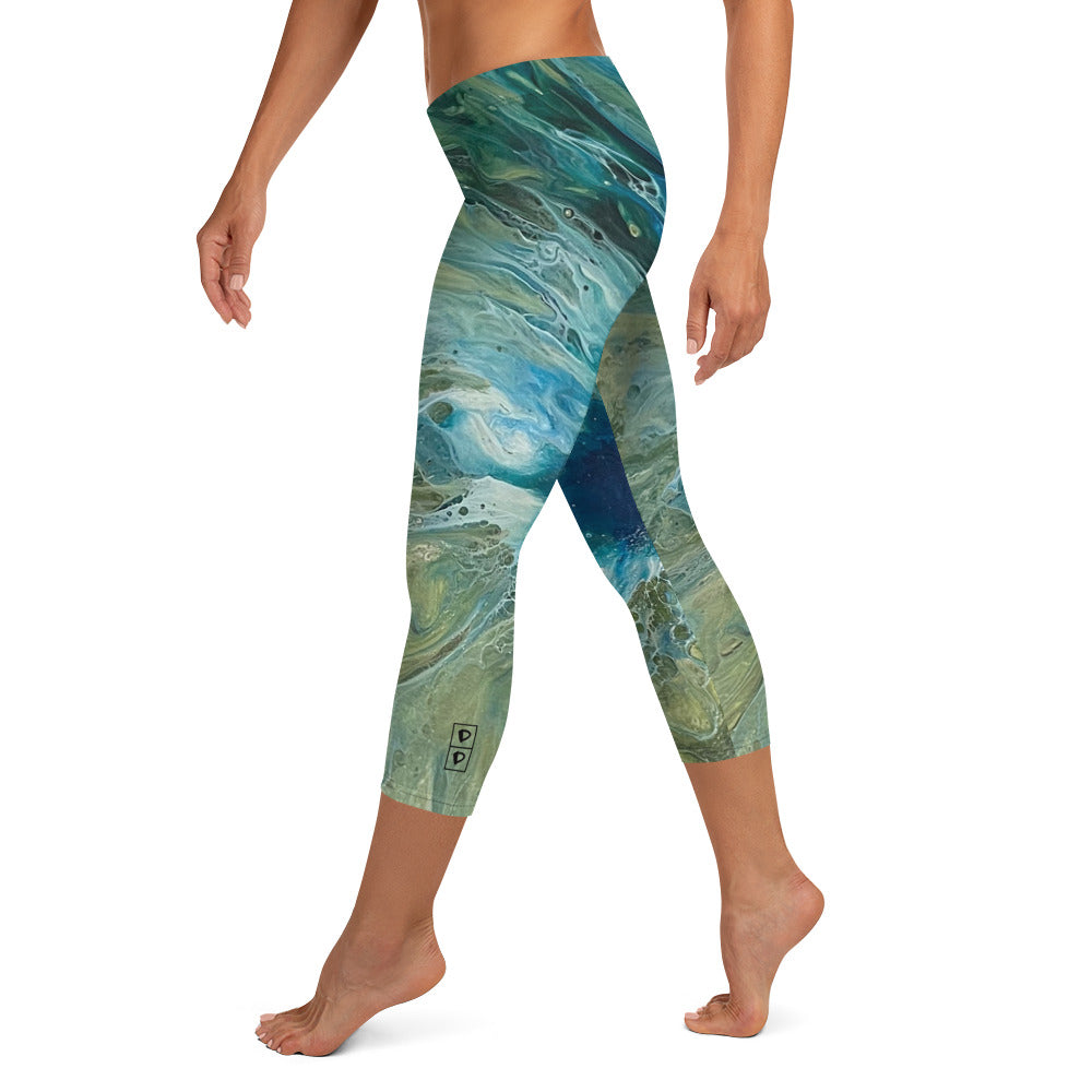 Fluid Green & Turquoise | Women's Fine Art Regular-Waist Capris