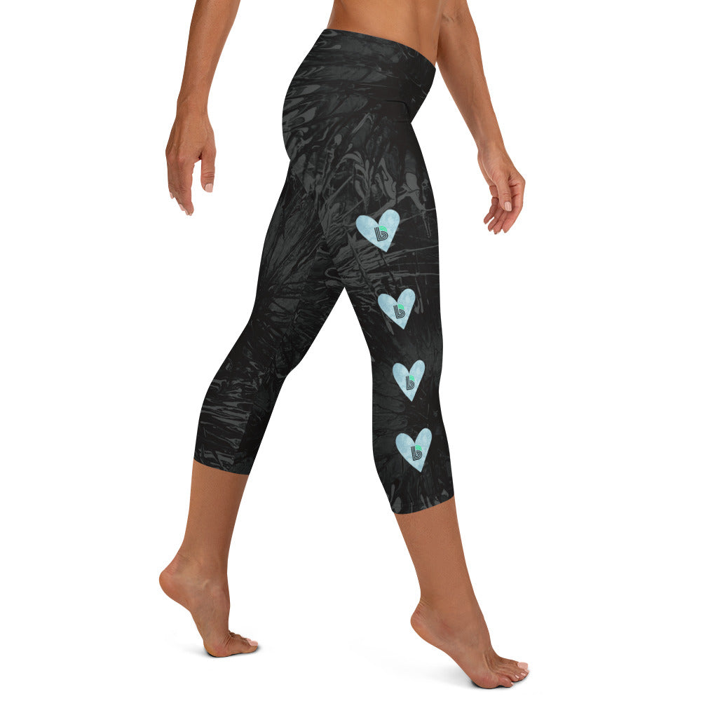 Black Splatter with Light Blue Hearts BBBS | Women's Fine Art Regular-Waist Capris
