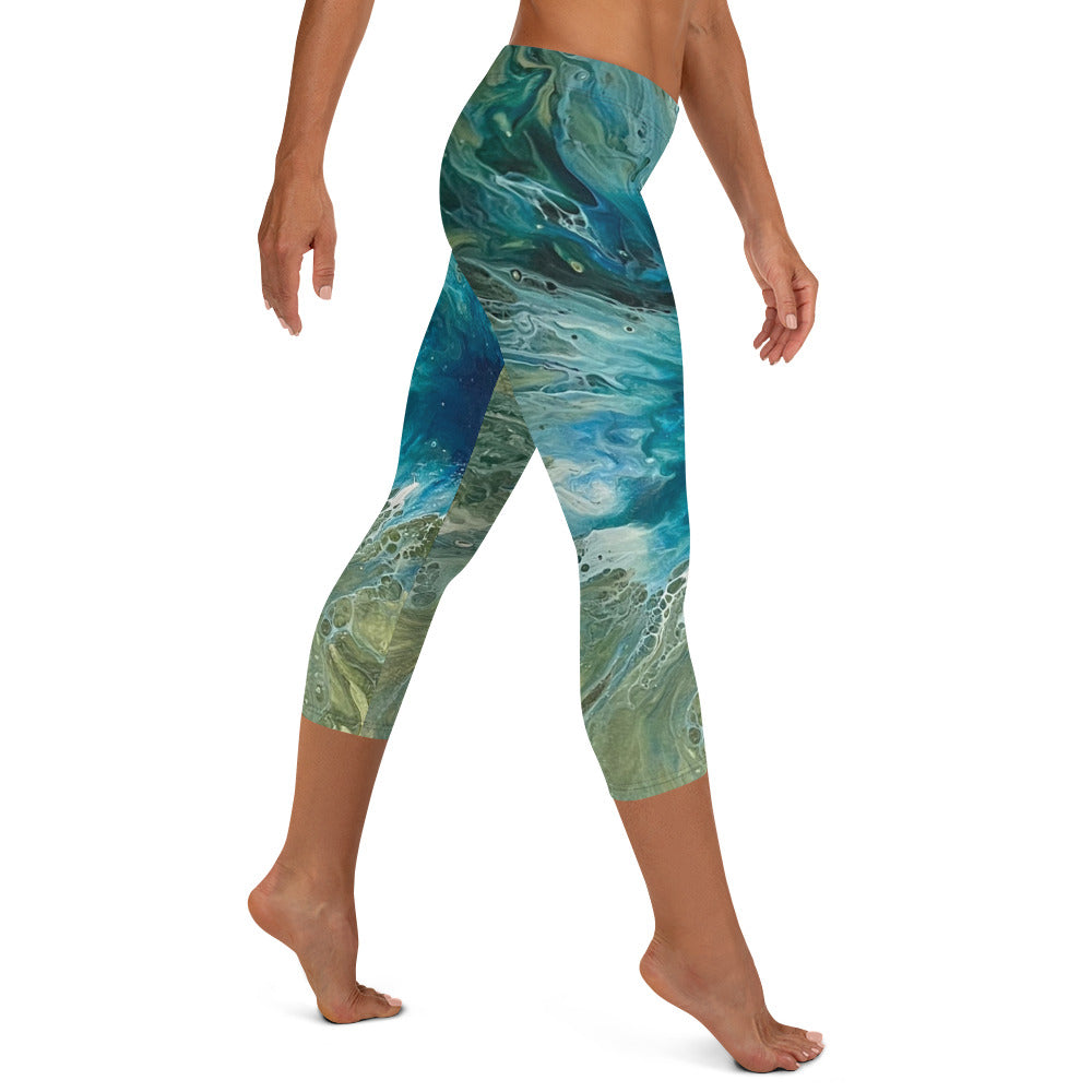 Fluid Green & Turquoise | Women's Fine Art Regular-Waist Capris