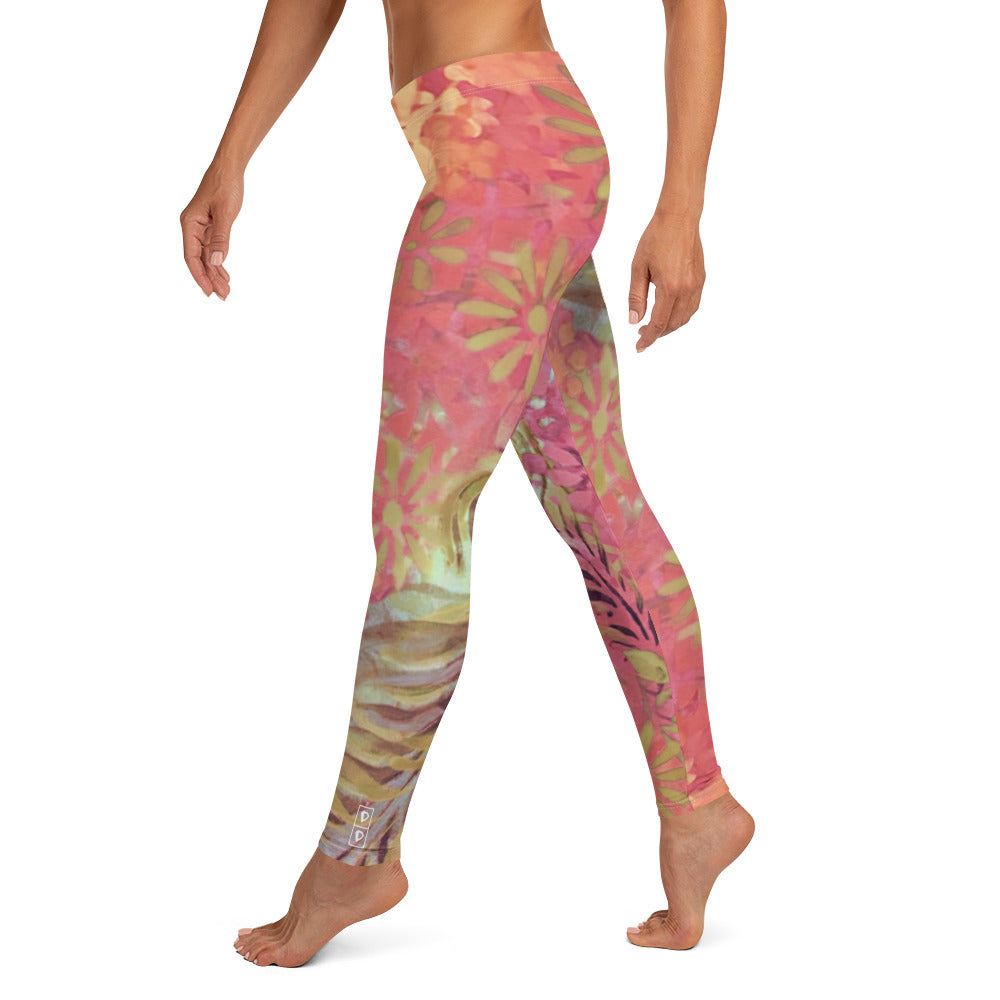 Flowers & Feathers Pink | Women's Fine Art Regular-Waist Leggings