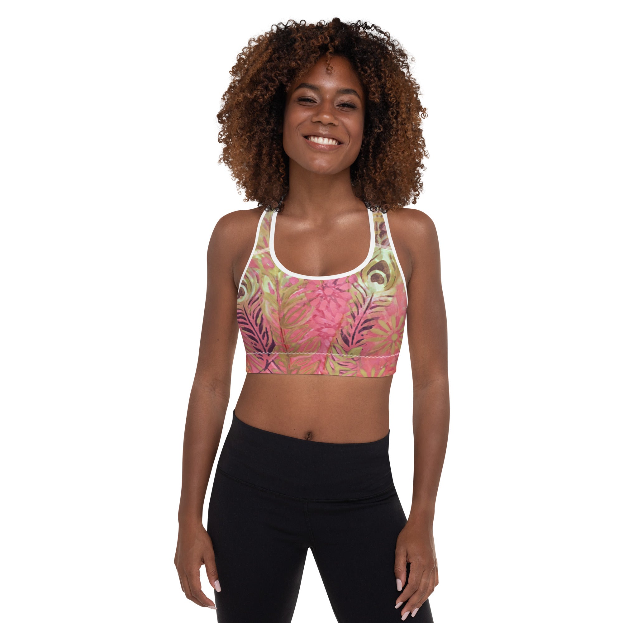 Flowers & Feathers Pink | Women's Fine Art Padded Sports Bra