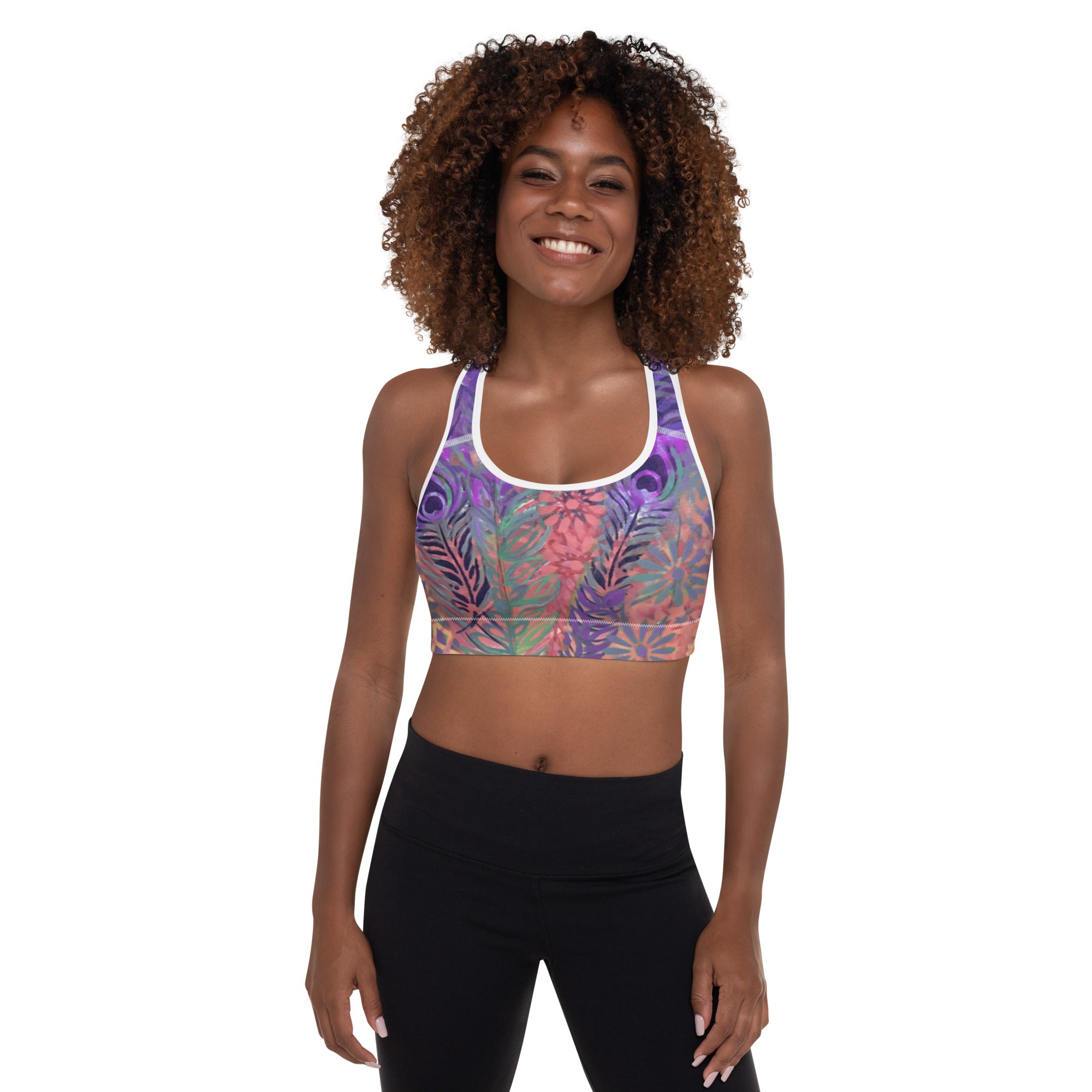 Flowers & Feathers Purple | Women's Fine Art Padded Sports Bra
