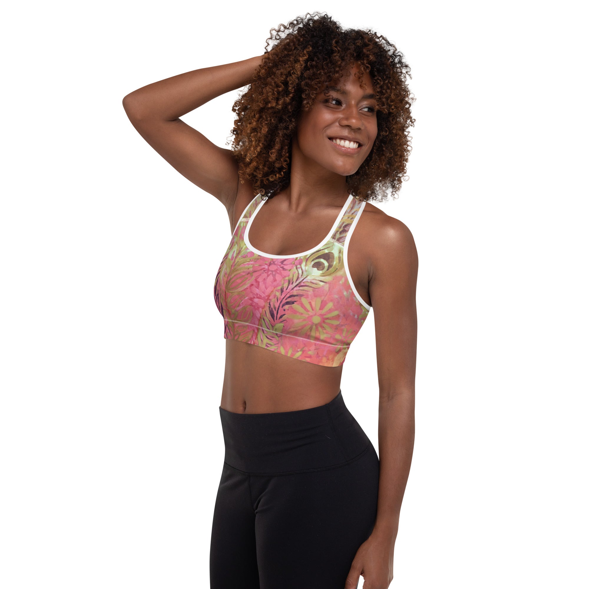 Flowers & Feathers Pink | Women's Fine Art Padded Sports Bra