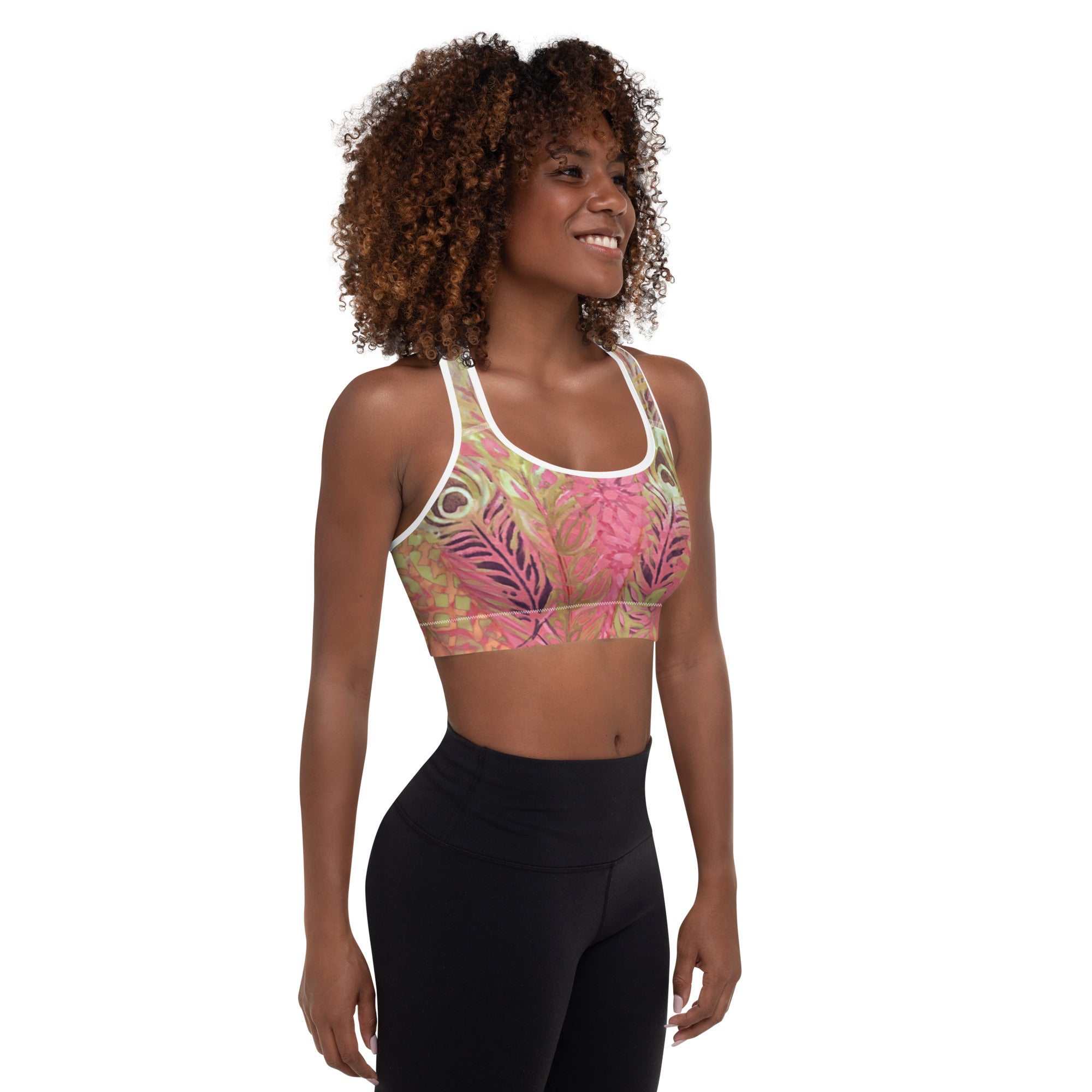Flowers & Feathers Pink | Women's Fine Art Padded Sports Bra