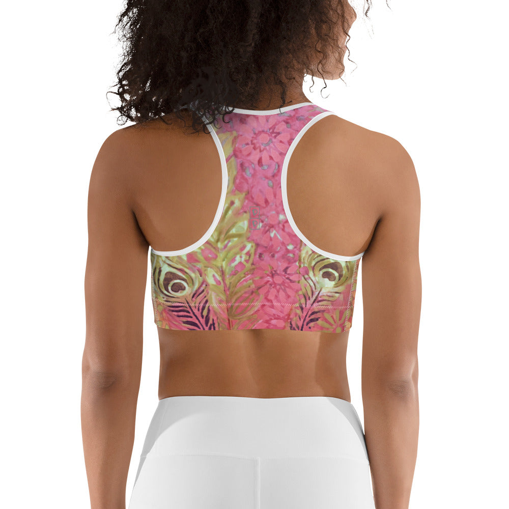 Flowers & Feathers Pink | Women's Fine Art Sports Bra