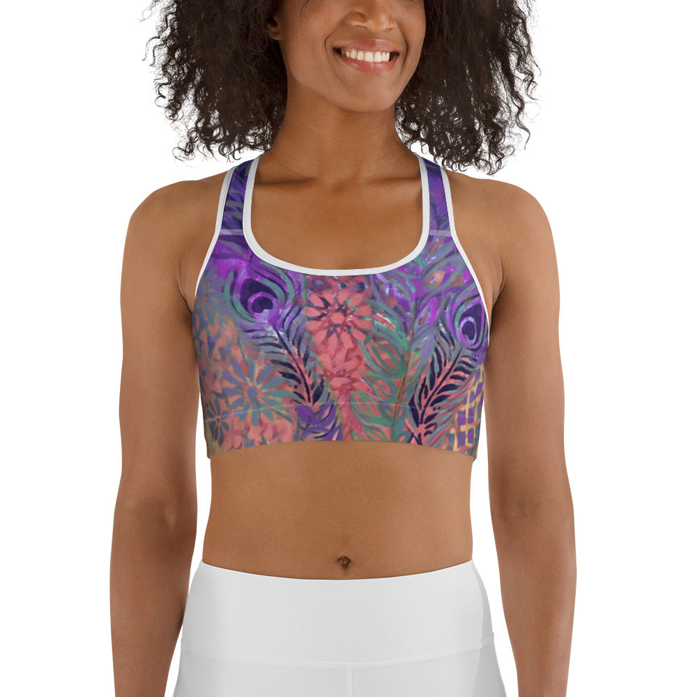 Flowers & Feathers Purple | Women's Fine Art Sports Bra