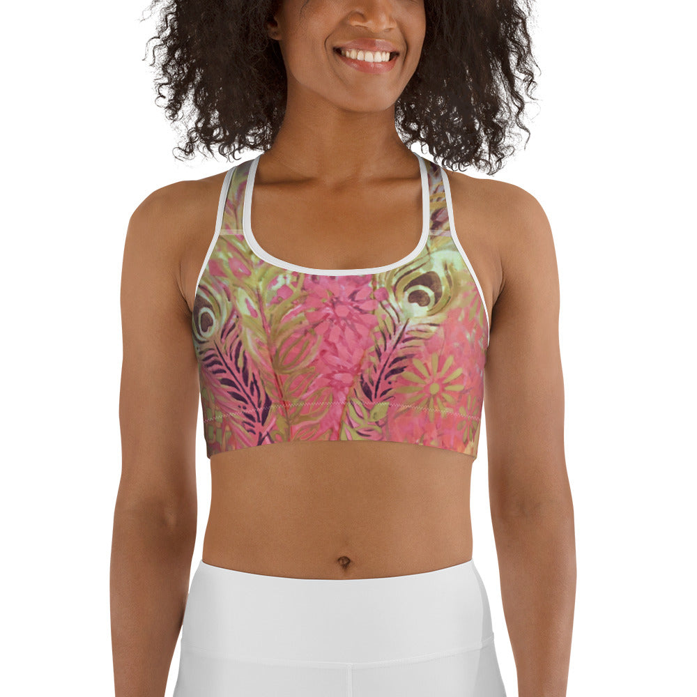 Flowers & Feathers Pink | Women's Fine Art Sports Bra