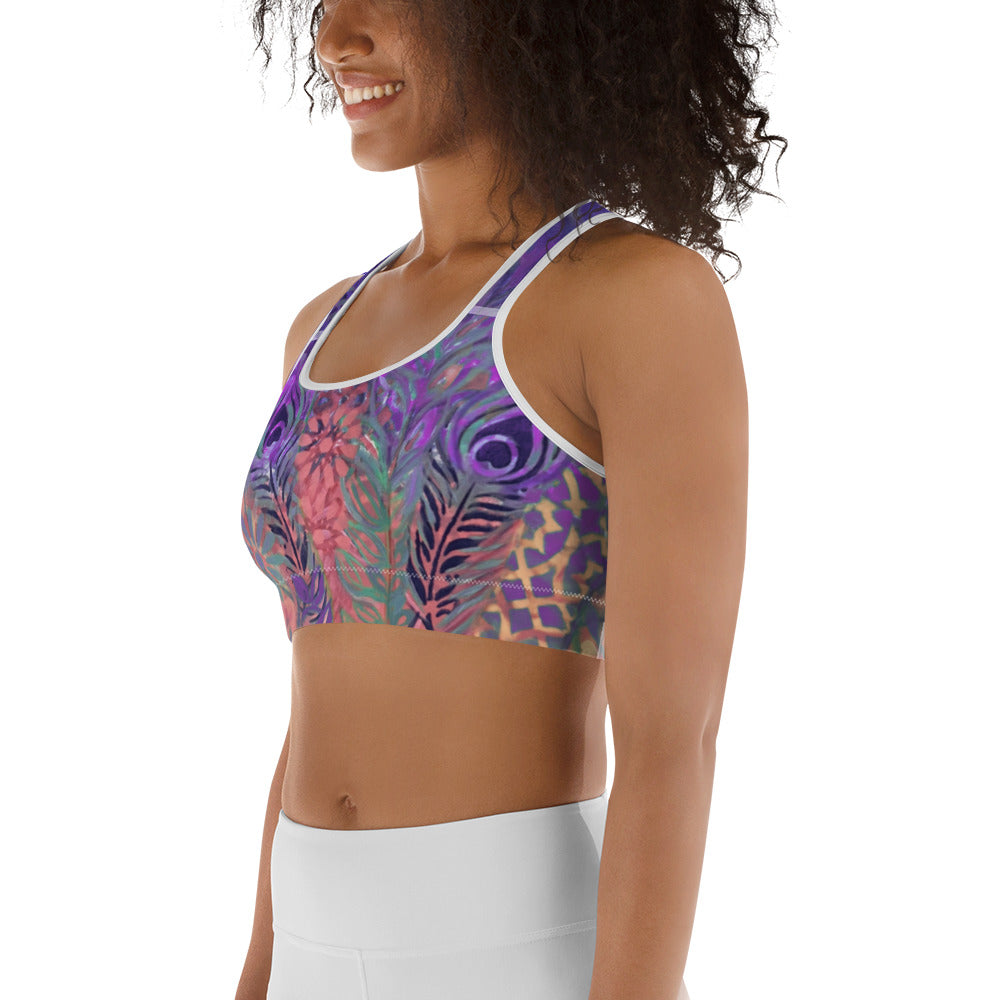 Flowers & Feathers Purple | Women's Fine Art Sports Bra