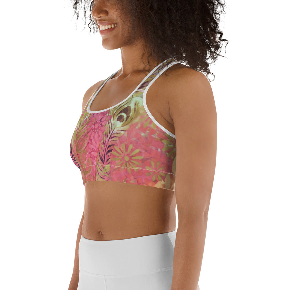 Flowers & Feathers Pink | Women's Fine Art Sports Bra