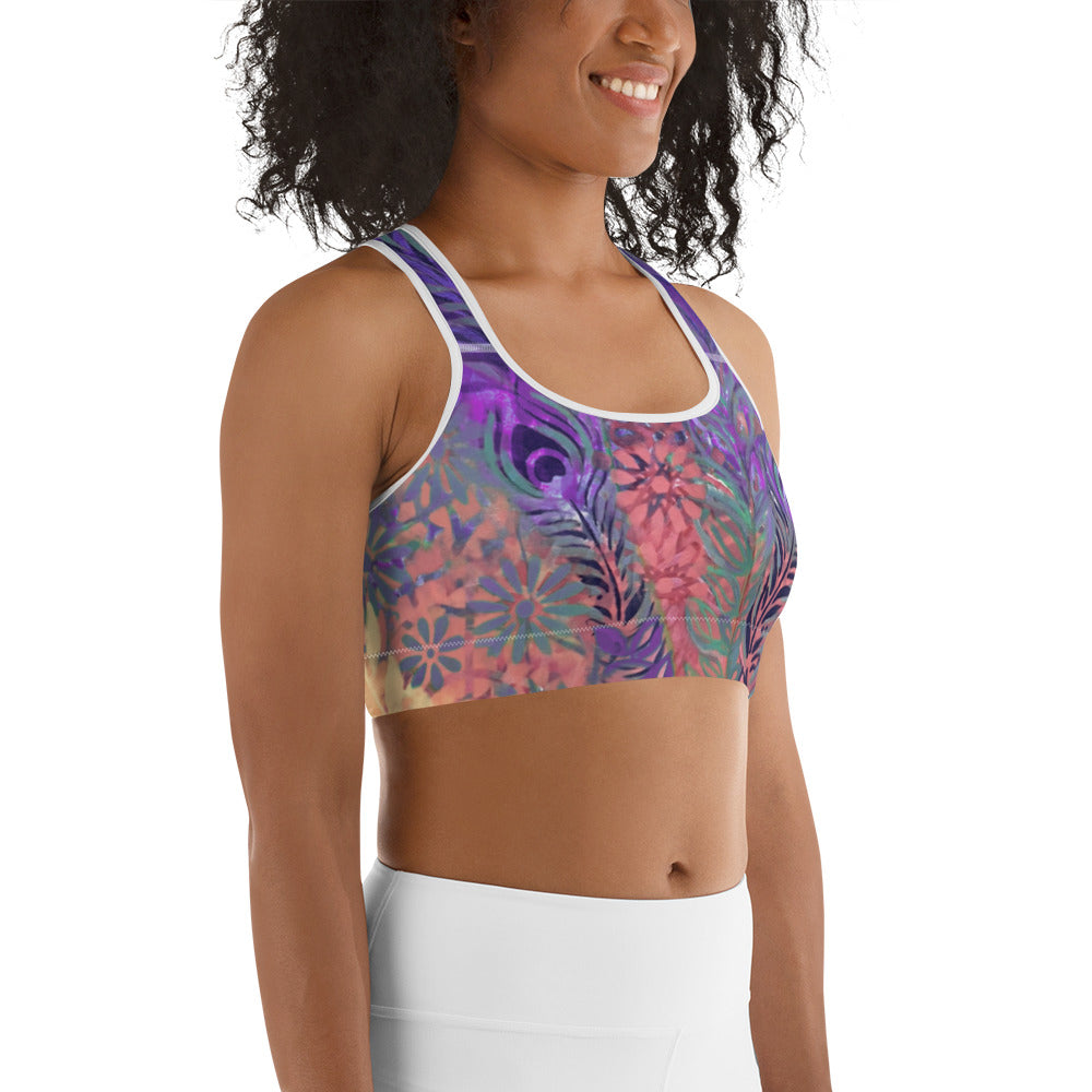 Flowers & Feathers Purple | Women's Fine Art Sports Bra