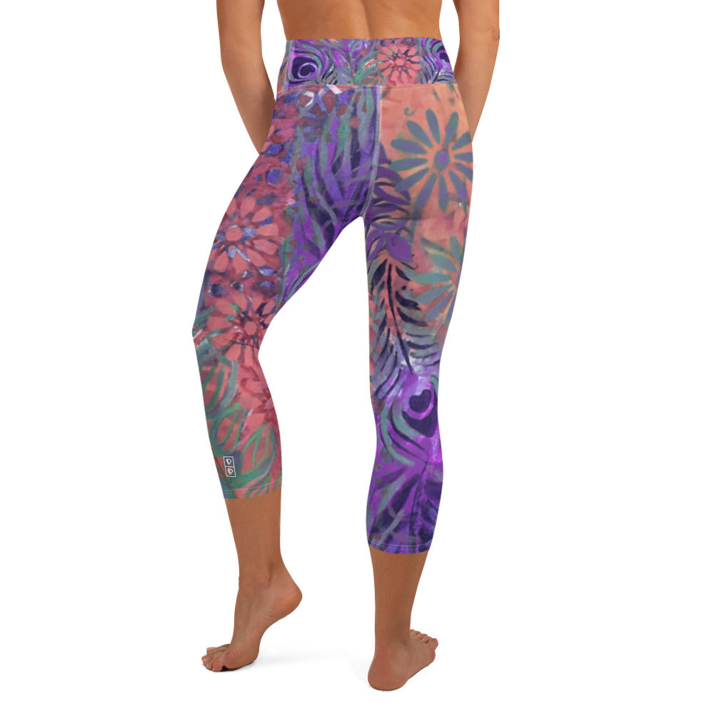 Flowers & Feathers Purple | Women's Fine Art High-Waist Capris