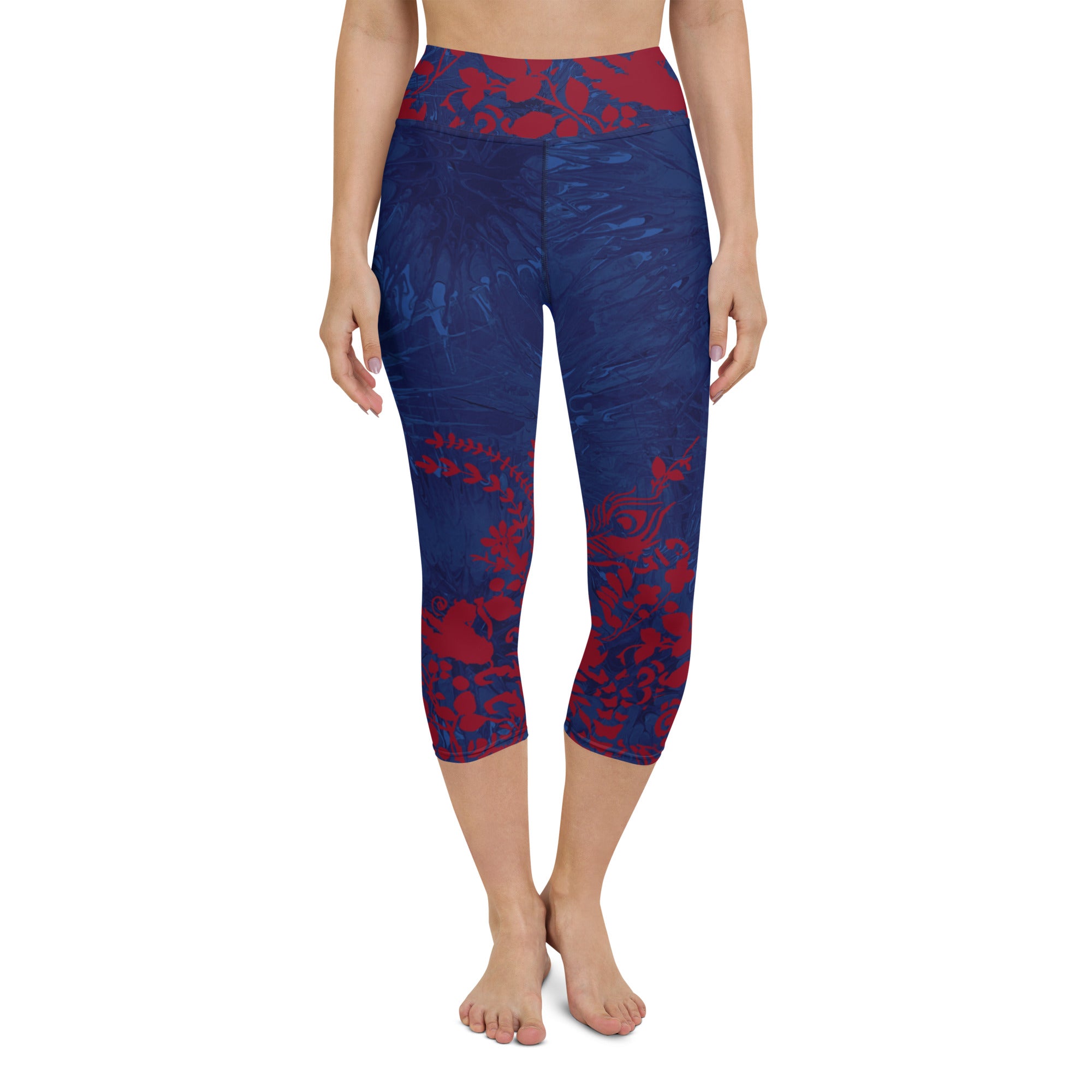 Navy Blue Splatter with Red Flowers | Women's Fine Art High-Waist Capris