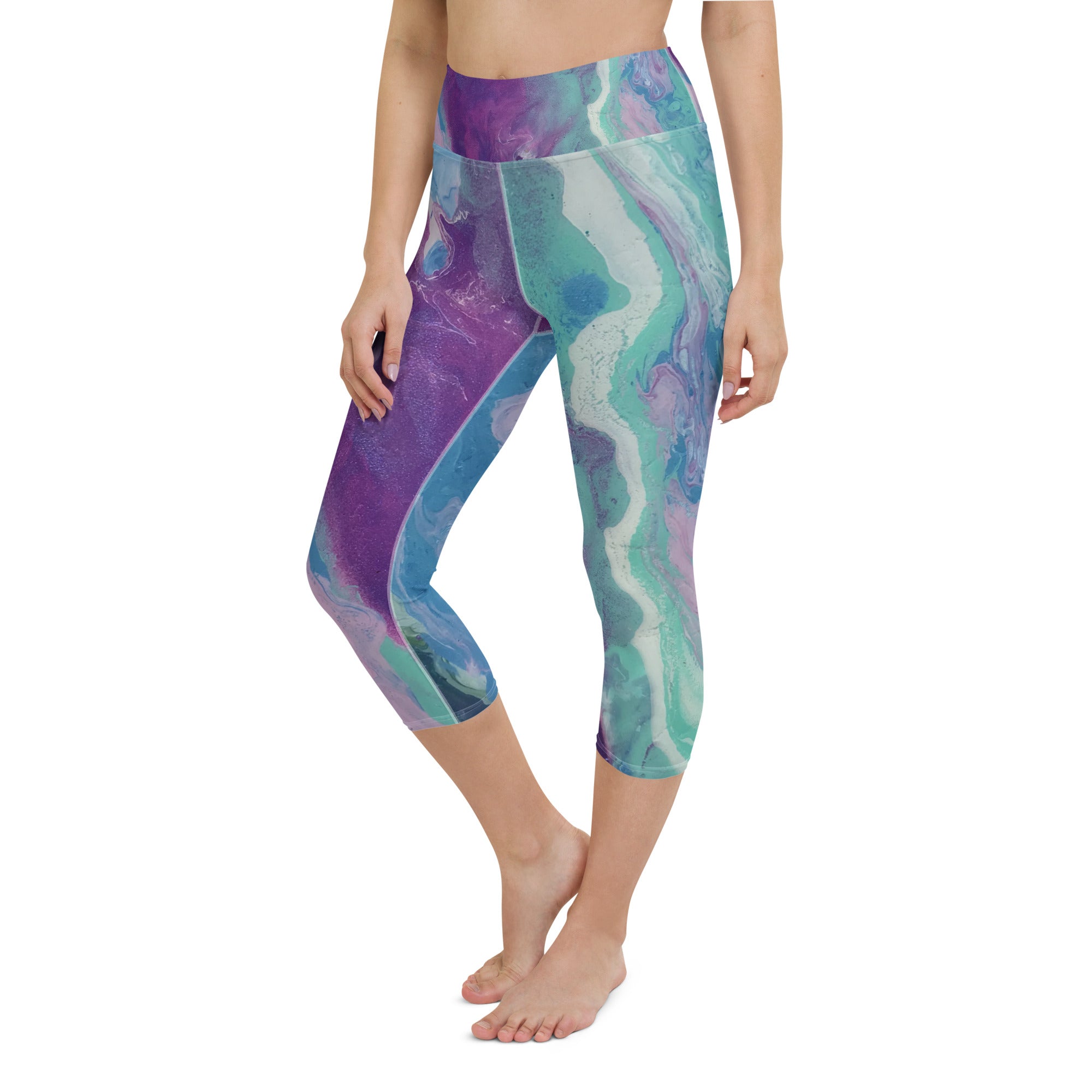 Fluid Purple & Green | Women's Fine Art High-Waist Capris | Debbie Dannheisser Threads