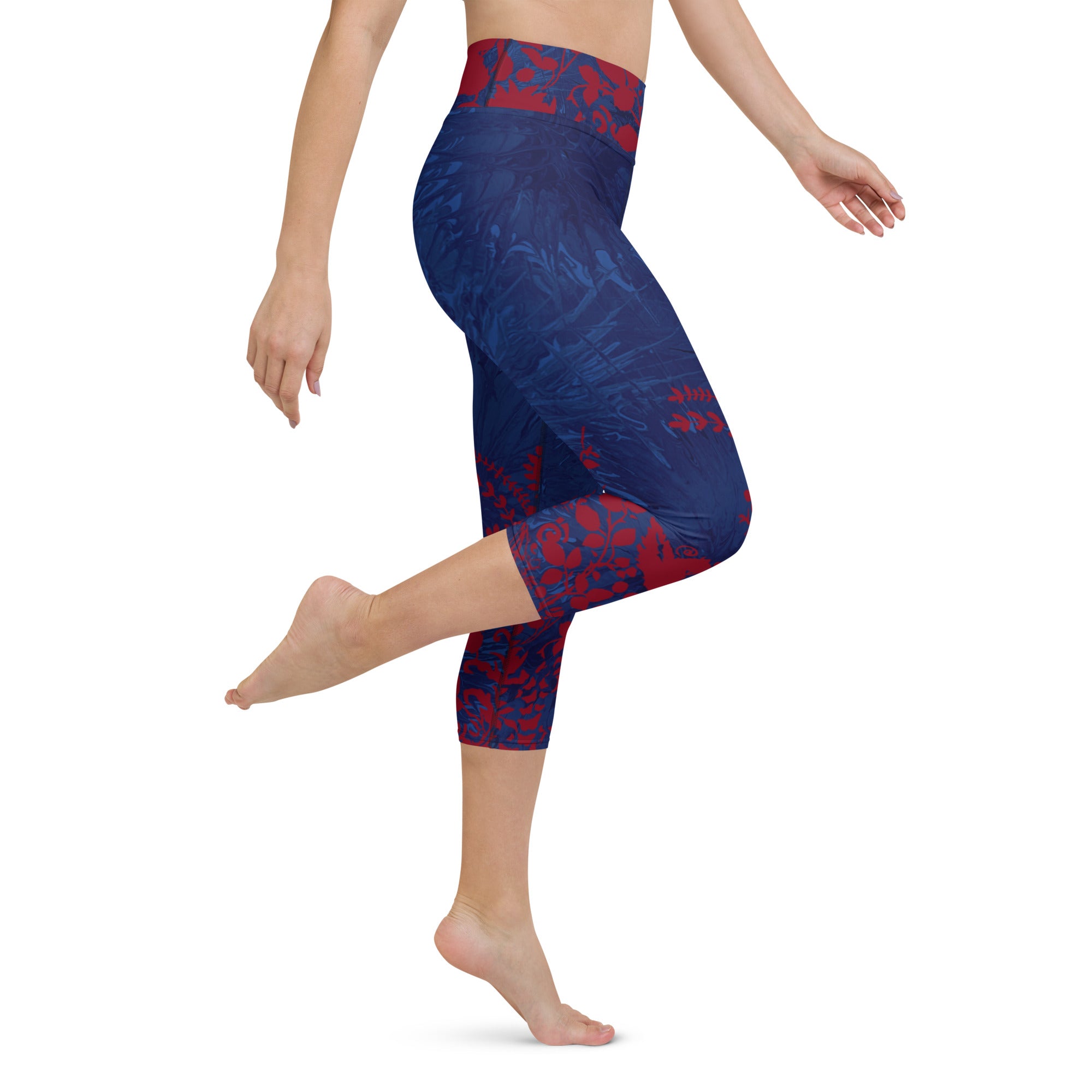 Navy Blue Splatter with Red Flowers | Women's Fine Art High-Waist Capris
