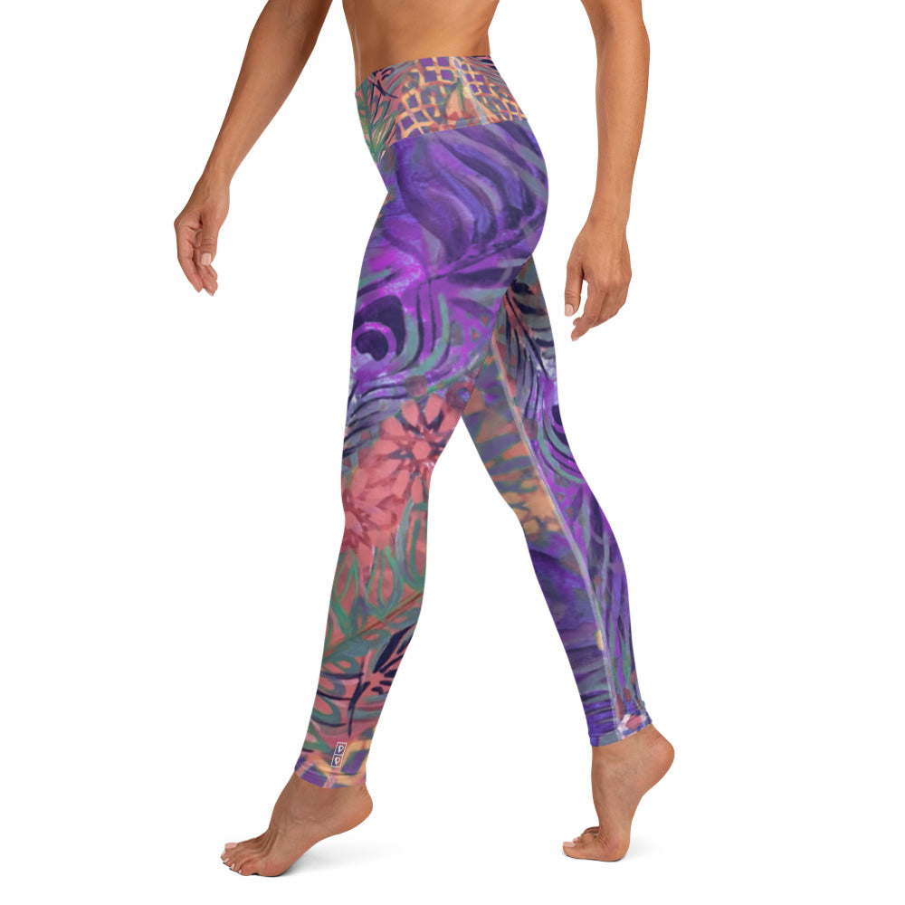 Flowers & Feathers Purple | Women's Fine Art High-Waist Leggings