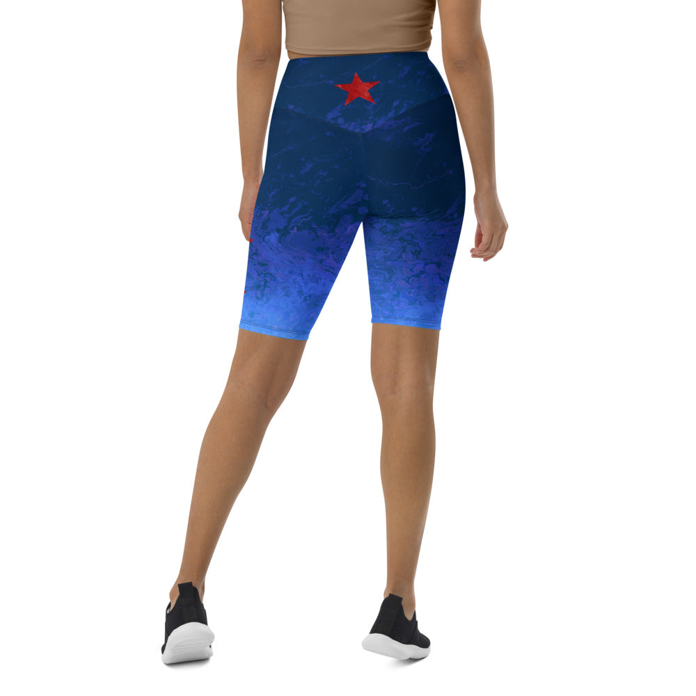 "Fluid Ombre Blue with Red Stars" Biker Shorts