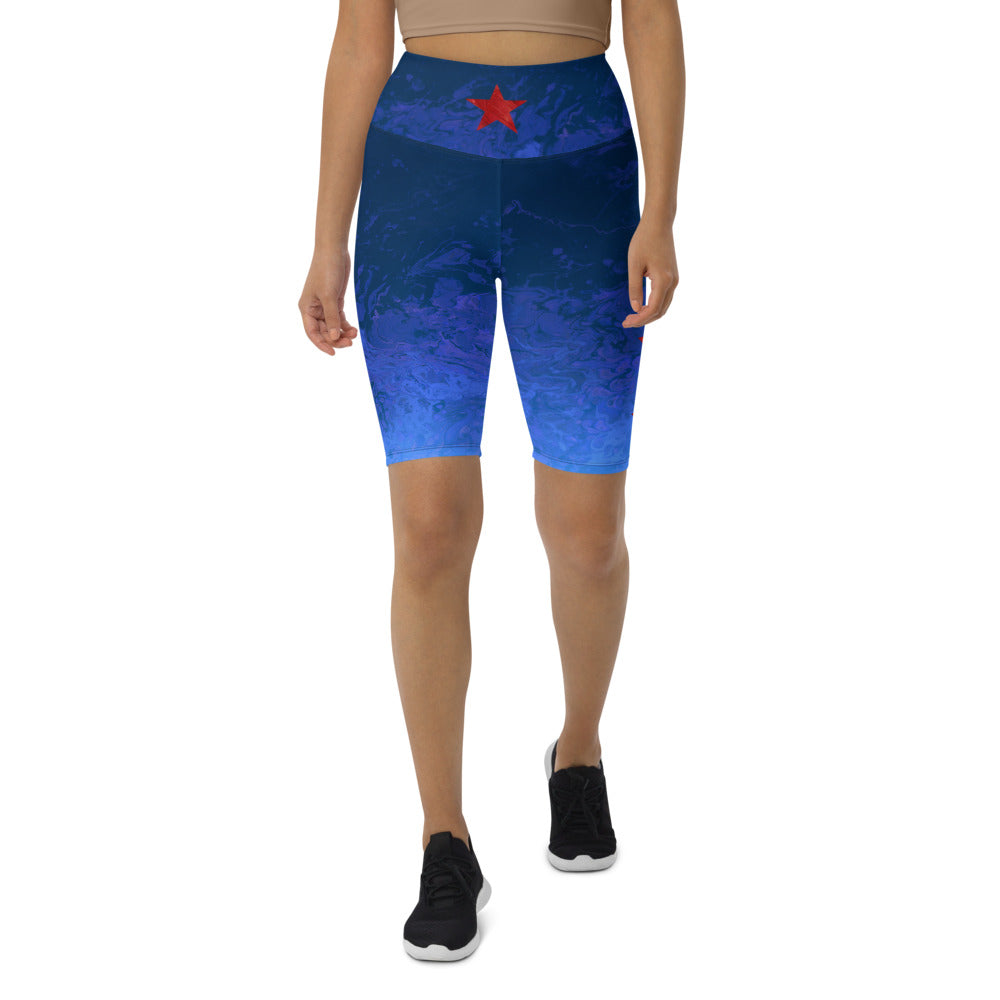 "Fluid Ombre Blue with Red Stars" Biker Shorts