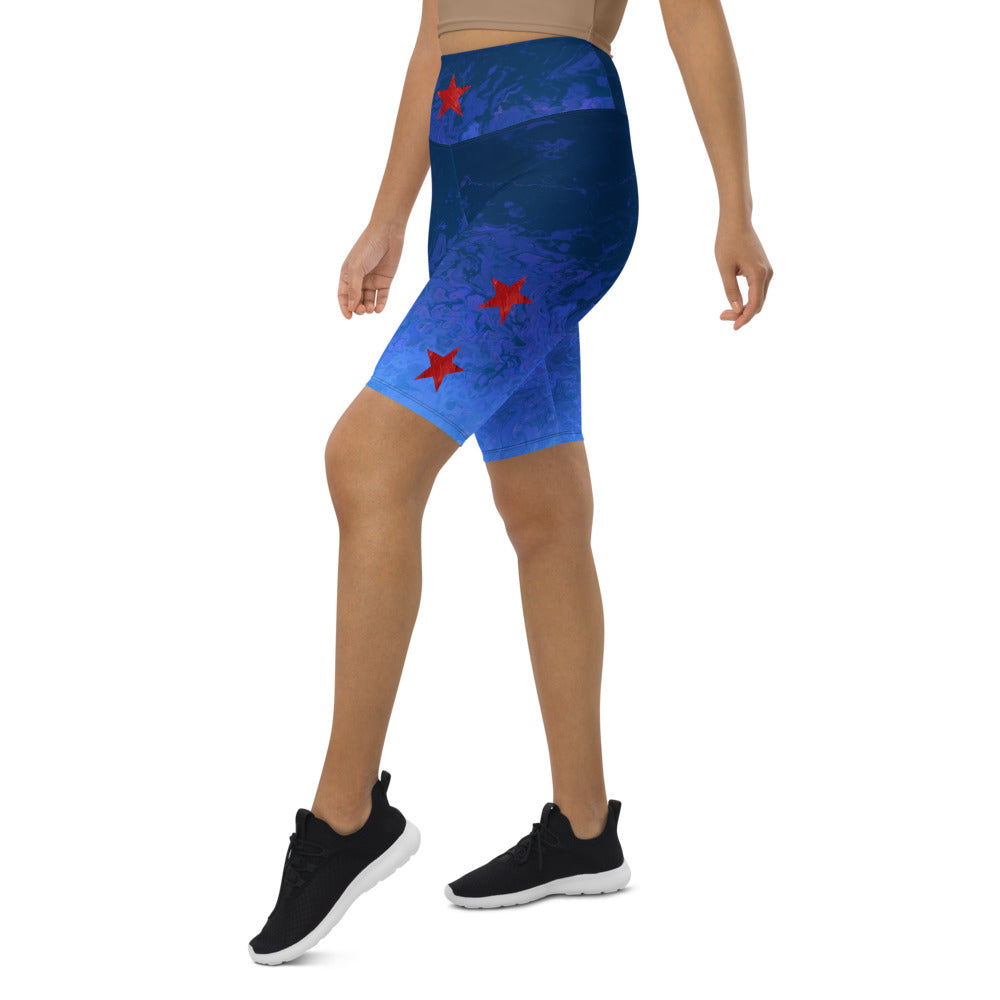 "Fluid Ombre Blue with Red Stars" Biker Shorts