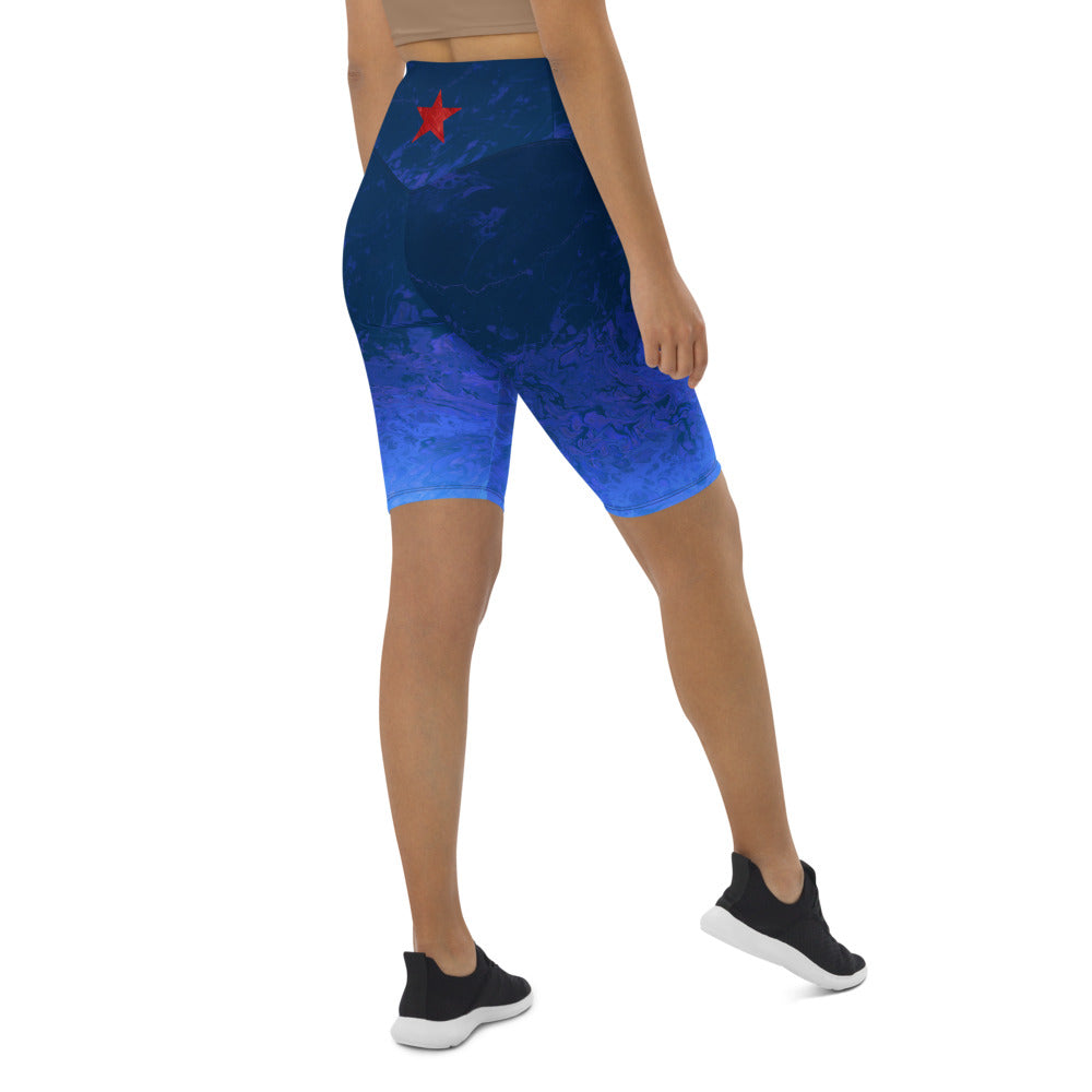 "Fluid Ombre Blue with Red Stars" Biker Shorts