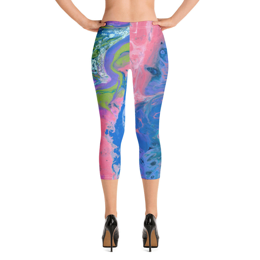 Fluid Coral and Blue | Women's Fine Art Regular-Waist Capris