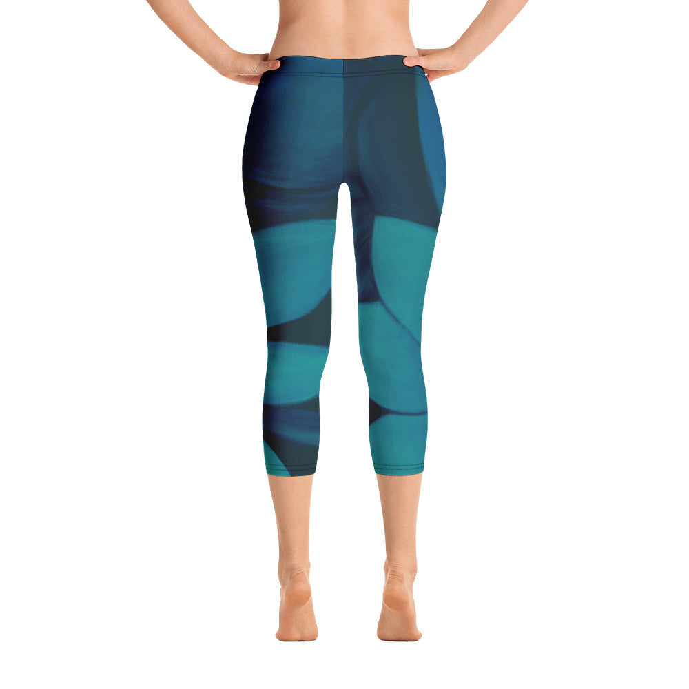 Flower on Teal with Black Hearts | Women's Fine Art Regular-Waist Capris