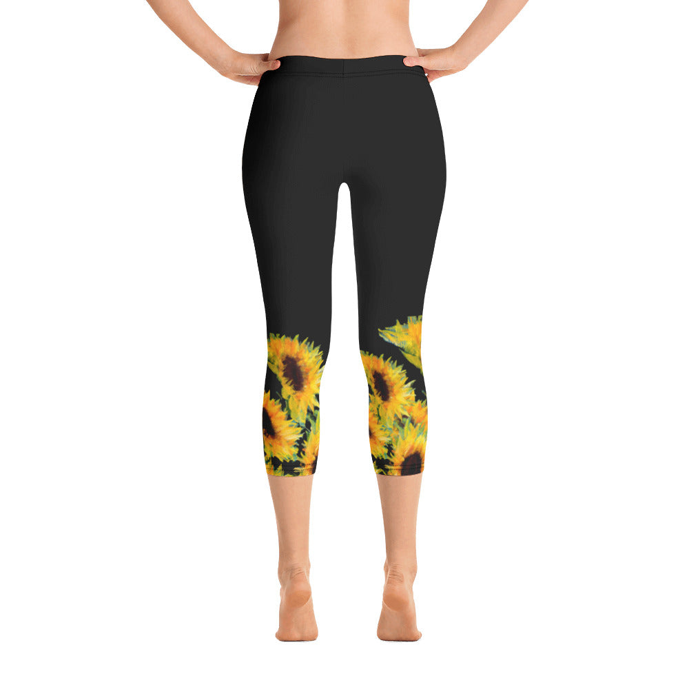 Sunflowers on Black | Women's Fine Art Regular-Waist Capris