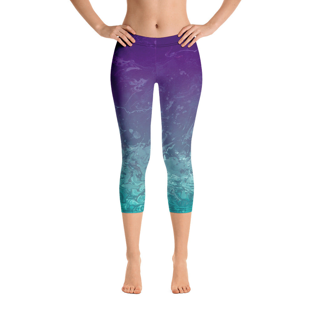 Fluid Ombre Teal & Purple | Women's Fine Art Regular-Waist Capris