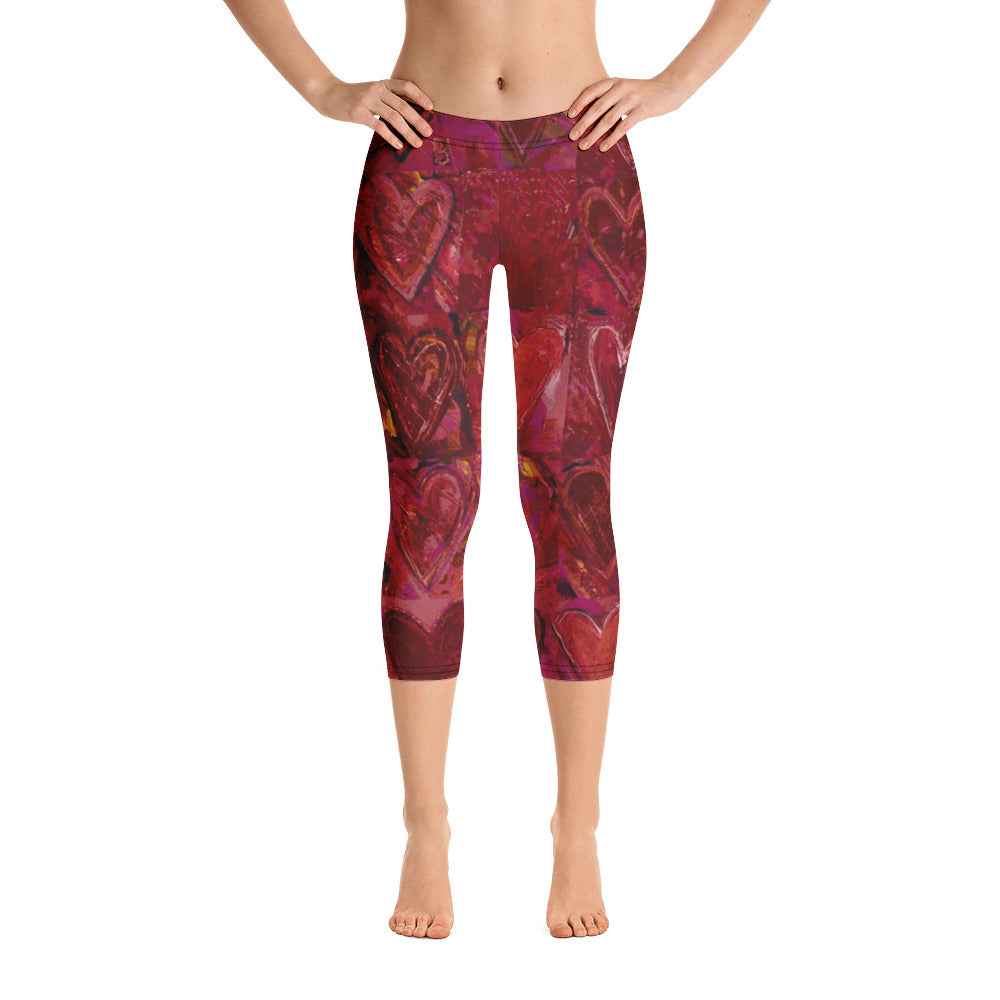 Hearts Without Borders Red and Dark Purple | Women's Fine Art Regular-Waist Capris