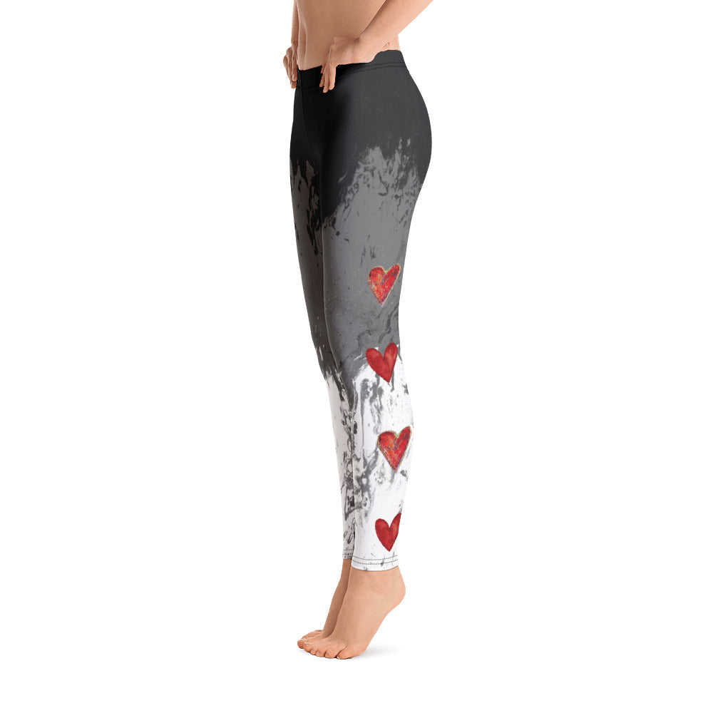 Fluid Mahogany Grey and White with Hearts | Women's Fine Art Regular-Waist Leggings