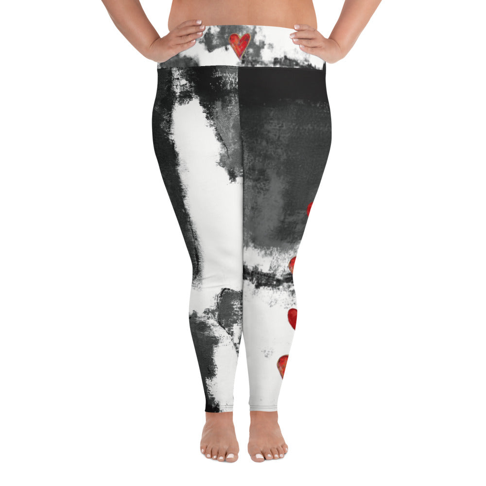 Abstract Woman Black and White with Red Hearts | Women's Fine Art High-Waist Leggings