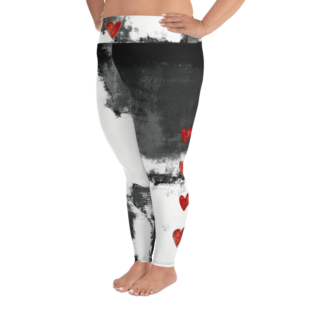 Abstract Woman Black and White with Red Hearts | Women's Fine Art High-Waist Leggings