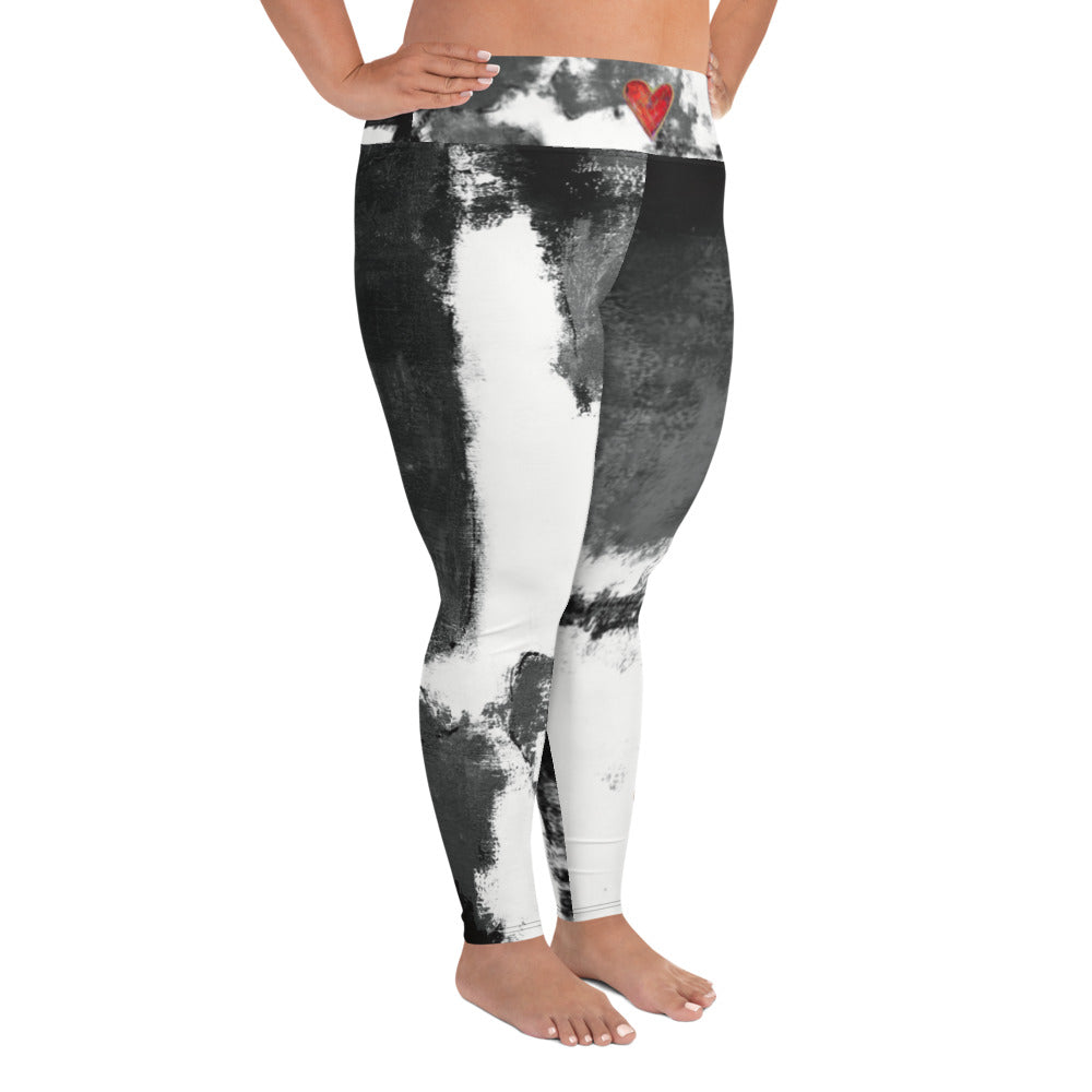 Abstract Woman Black and White with Red Hearts | Women's Fine Art High-Waist Leggings