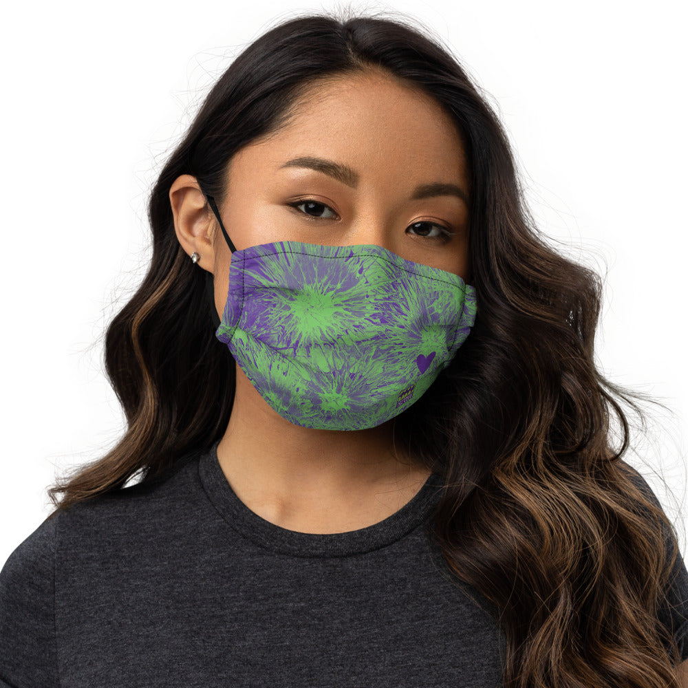 "Purple and Green Splatter with Purple Hearts SFG" Mask