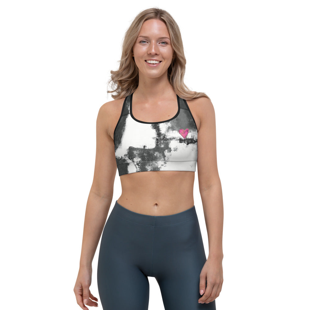 Abstract Woman Black and White with Hearts | Women's Fine Art Padded Sports Bra