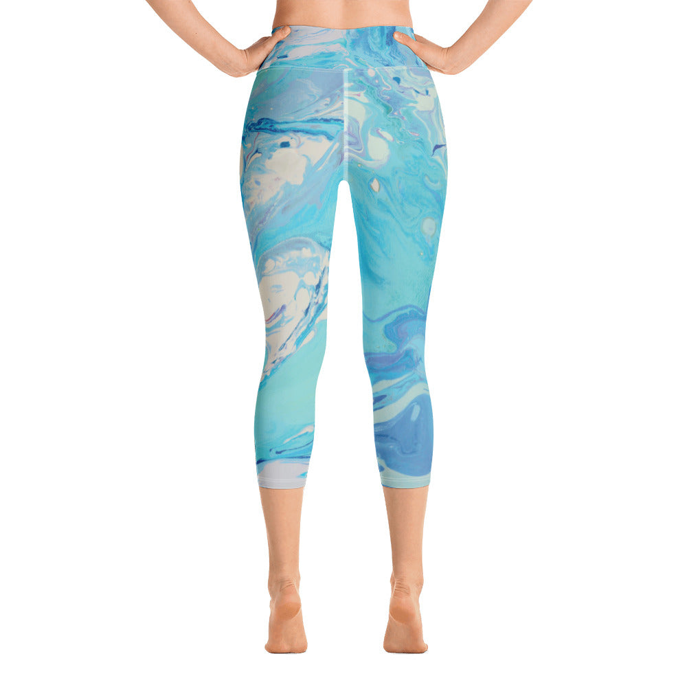 Fluid Light Blue and Grey | Women's Fine Art High-Waist Capris