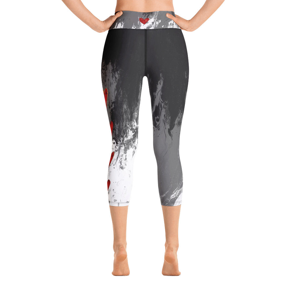 Fluid Mahogany Grey and White with Hearts | Women's Fine Art High-Waist Capris