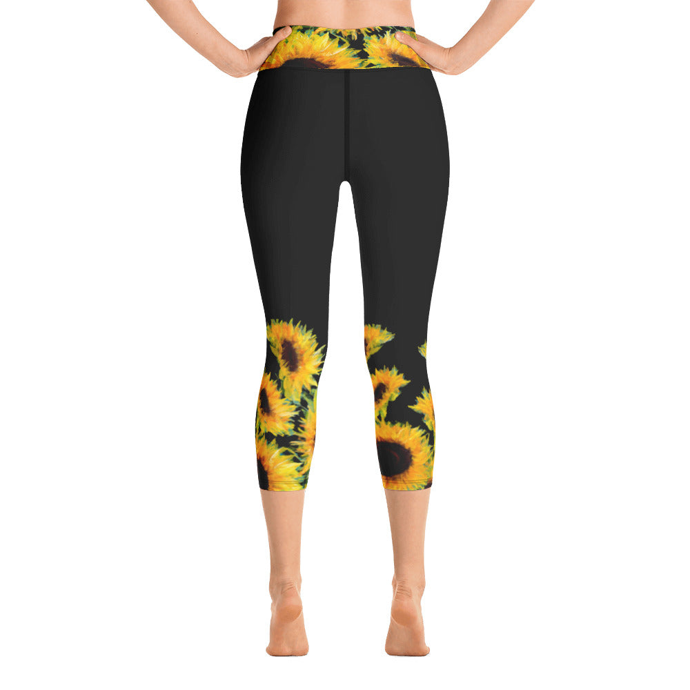 Sunflowers on Black | Women's Fine Art High-Waist Capris