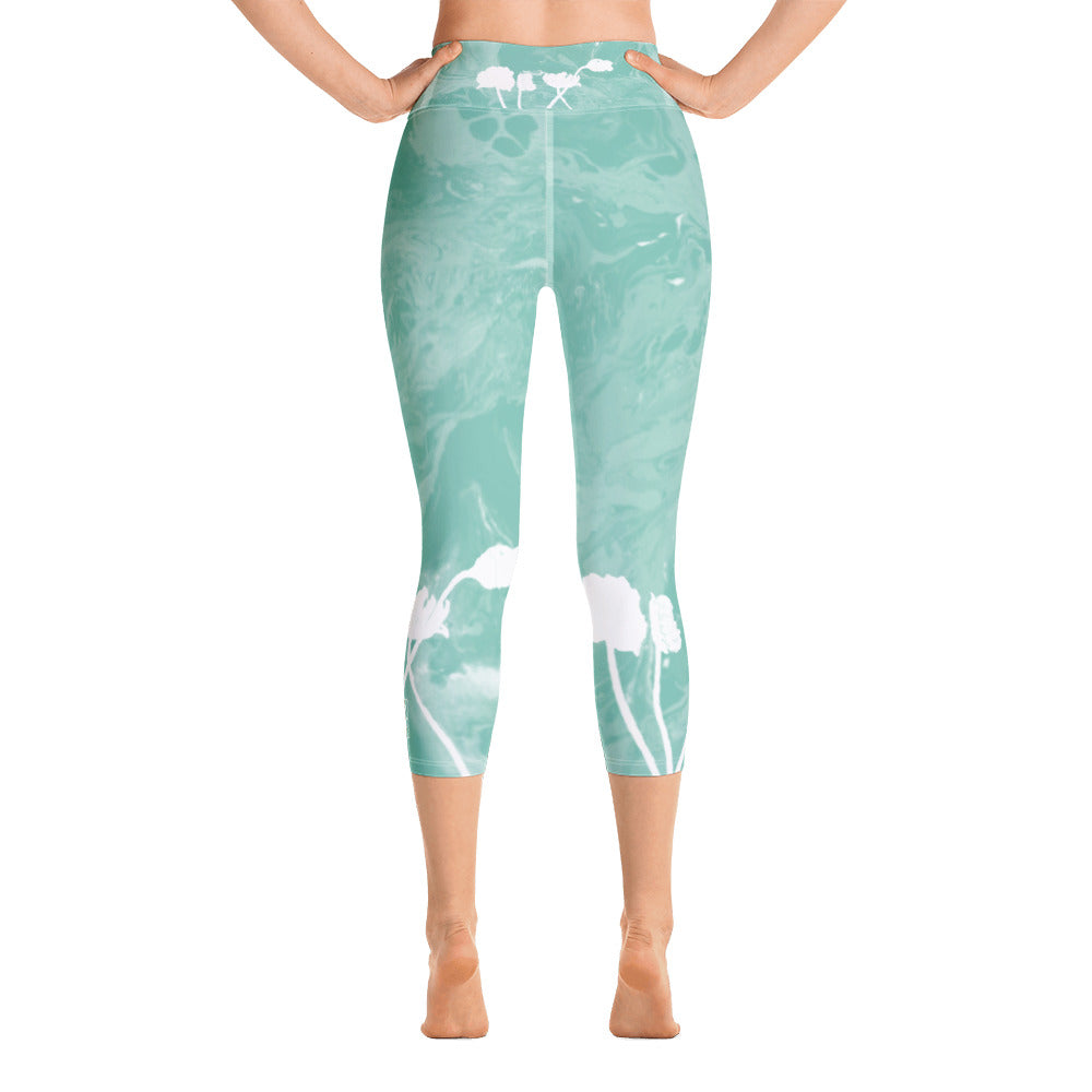 Fluid with White Flowers | Women's Fine Art High-Waist Capris