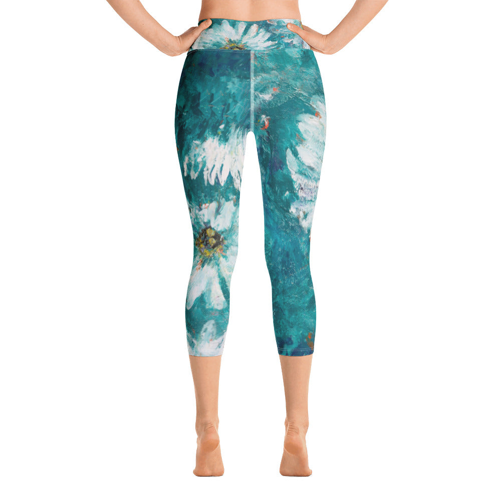 White Flowers on Turquoise | Women's Fine Art High-Waist Capris