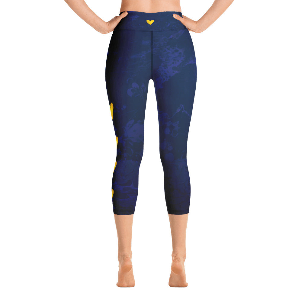 Fluid Navy with Yellow Hearts | Women's Fine Art High-Waist Capris