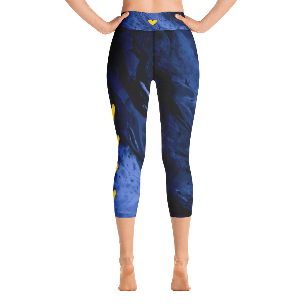 Fluid Navy with Yellow Hearts | Women's Fine Art High-Waist Capris