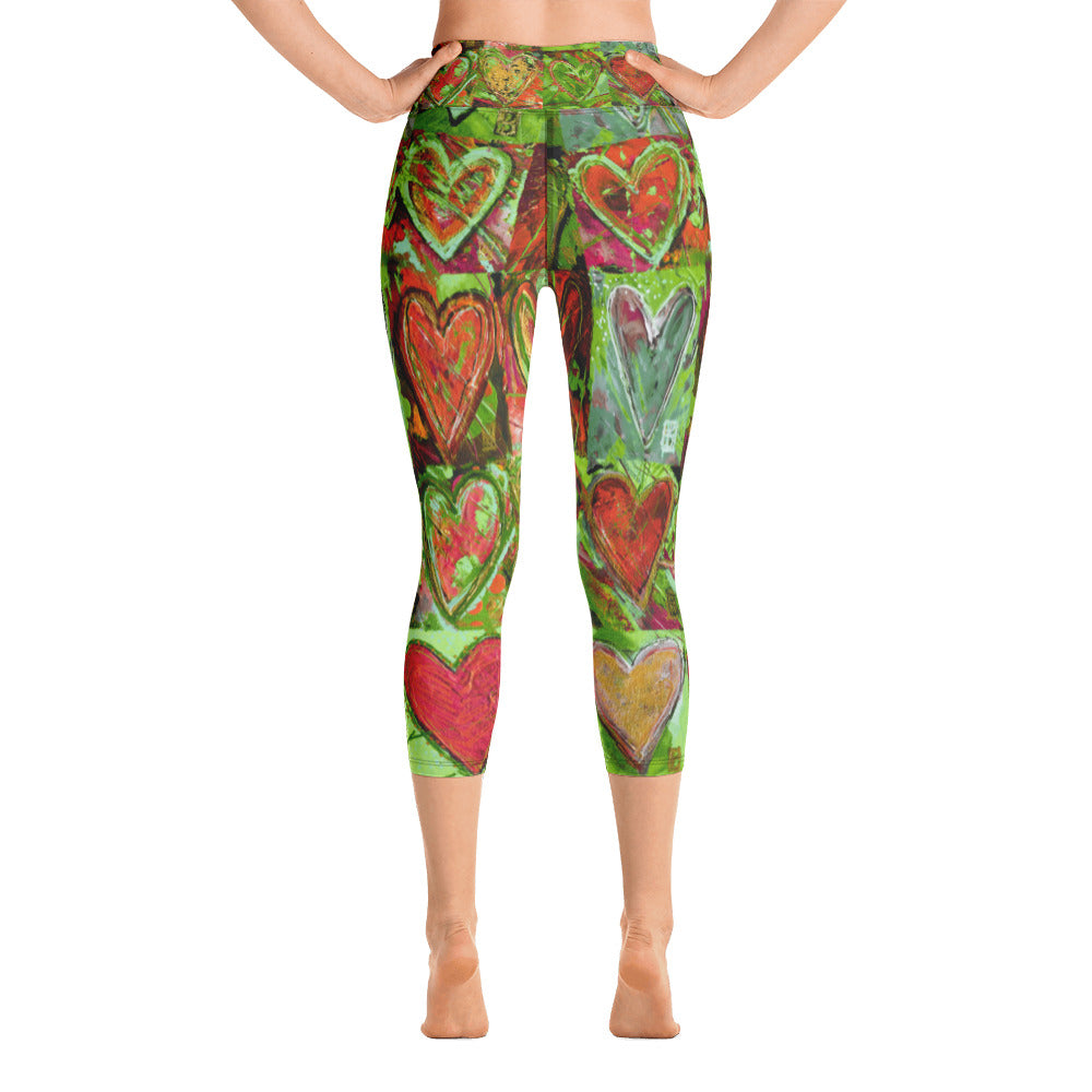 Hearts without Borders Red & Green | Women's Fine Art High-Waist Capris