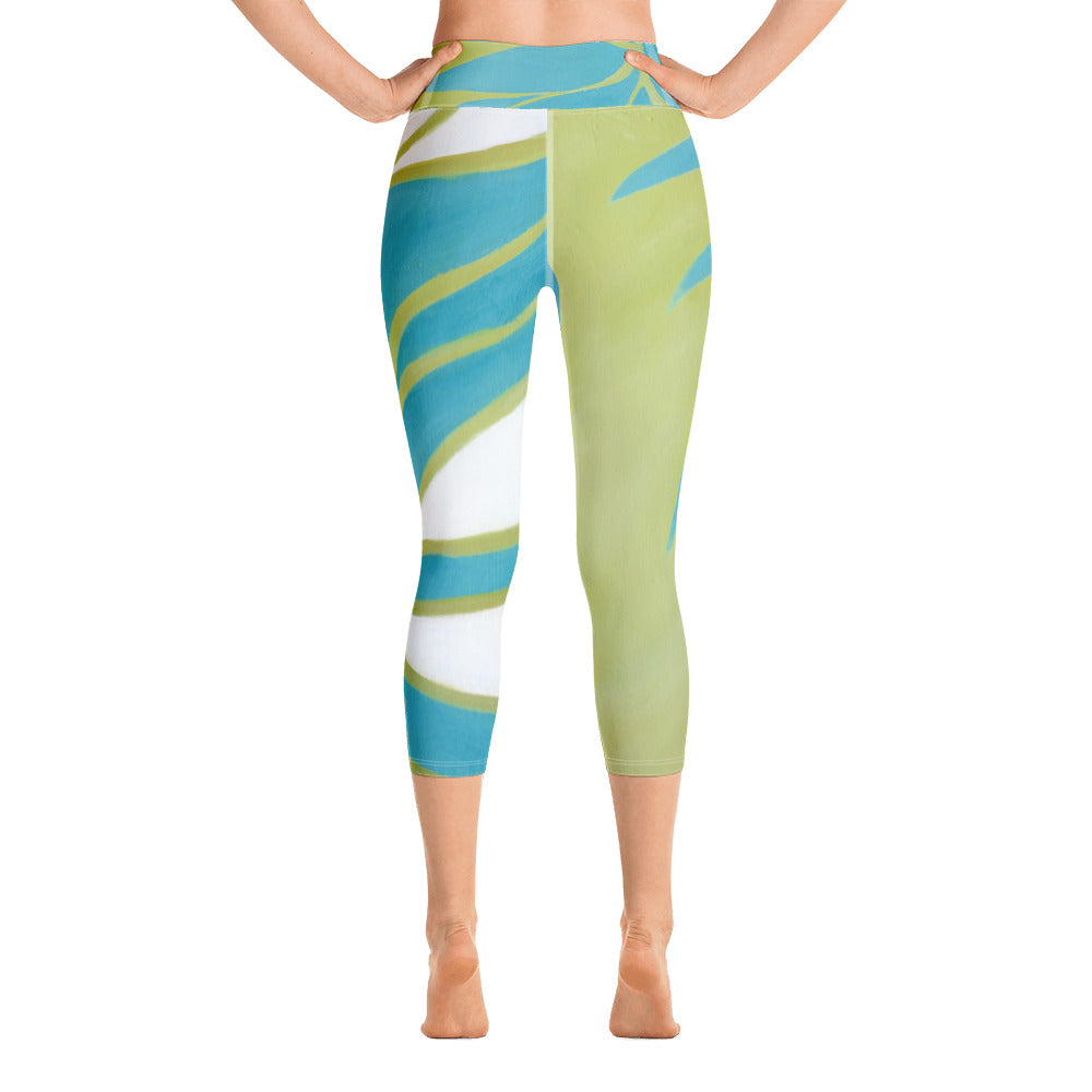 Turquoise & Green Leaves | Women's Fine Art High-Waist Capris