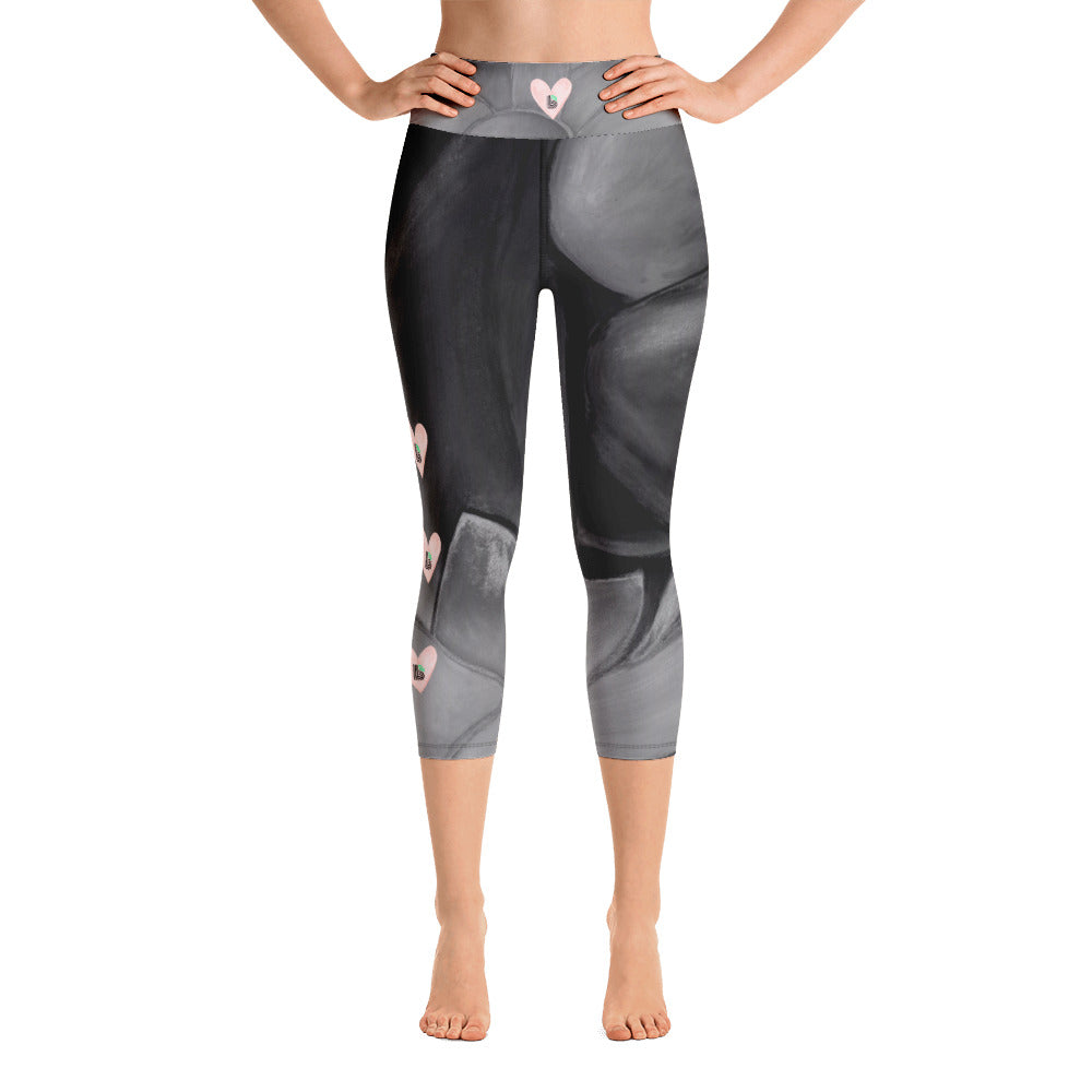 Flower on Grey with Blush Hearts BBBS | Women's Fine Art High-Waist Capris