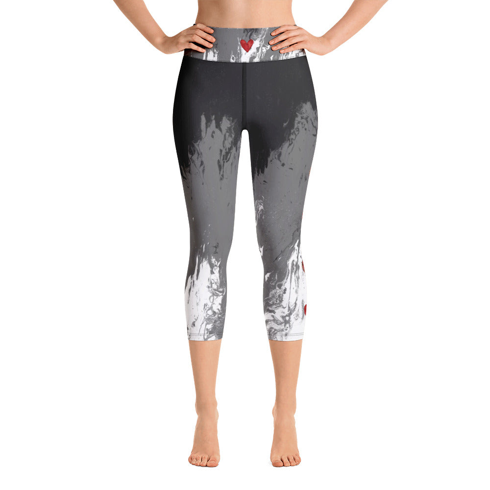 Fluid Mahogany Grey and White with Hearts | Women's Fine Art High-Waist Capris