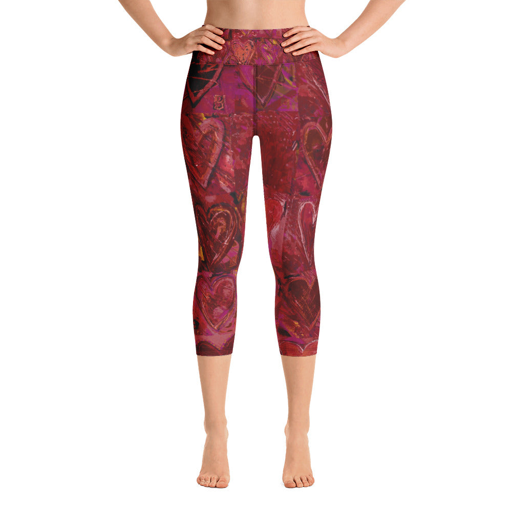 Hearts Without Borders Red and Dark Purple | Women's Fine Art High-Waist Capris